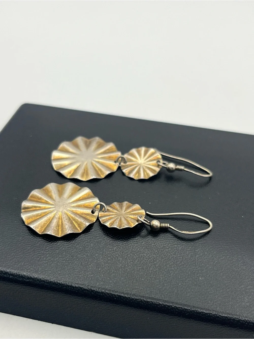 Gold washed sterling silver textured round scalloped dangle vintage earrings